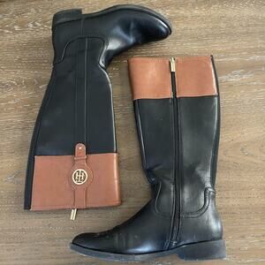 Tommy Hilfiger Boots Womens Size 8 Black Brown Tall Riding Equestrian Logo ZipR